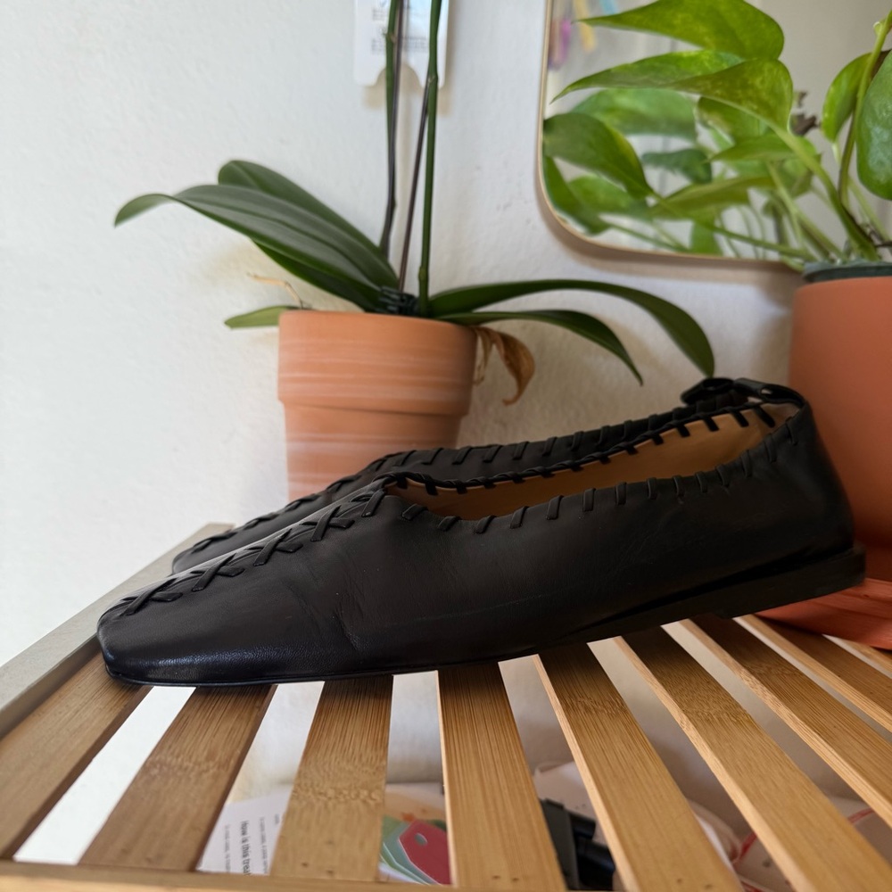 JIL SANDER Black Ring whipstitch-trimmed leather ballet flats Size 9 - Picture 5 of 11